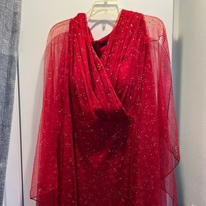 Red and gold formal dress with cape